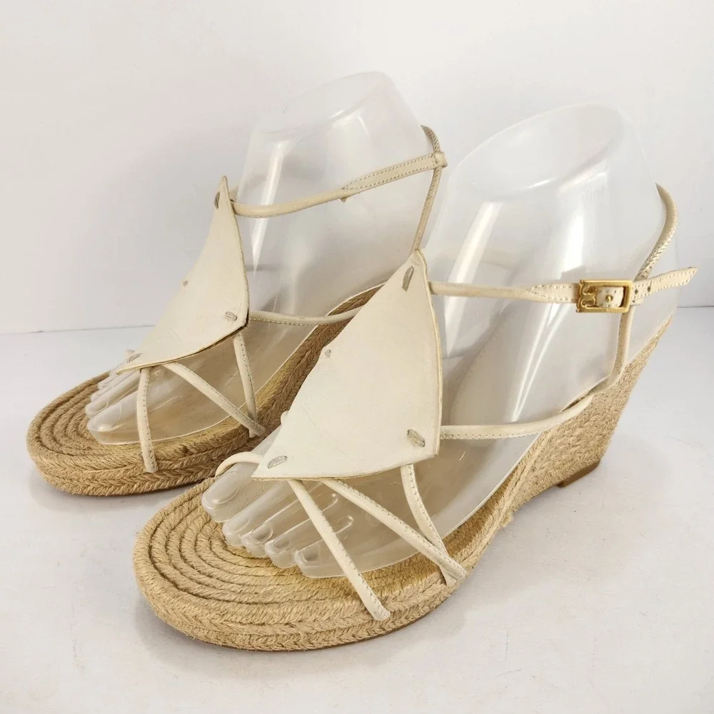 Tory Burch Women's Elegant‎ Minimalist Straps Espadrilles Wedge Sandals Ivory 8M